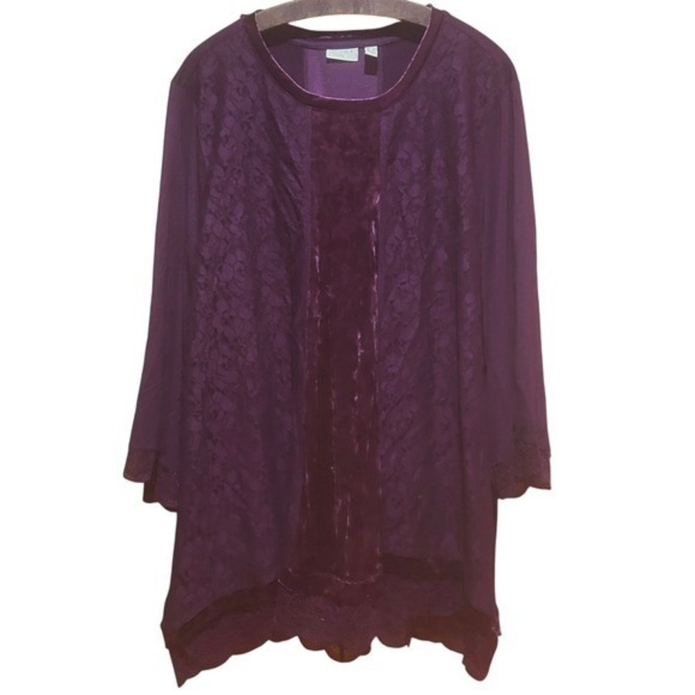 LOGO Lavish Top Womens 3X Burgundy Lace Velvet Tunic Feminine Gothic Whimsigoth‎